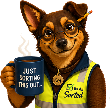 Kel the kelpie, mug in paw, ready to sort your admin