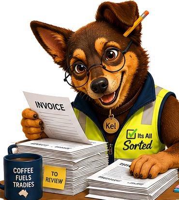 Kel working through a stack of invoices