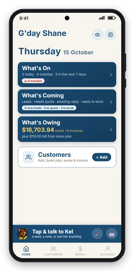 The Its All Sorted home screen: what's on today, what's coming, and what's owing