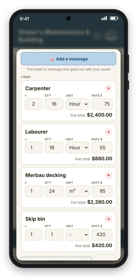 Quote builder showing Carpenter, 2 people times 16 hours at $75