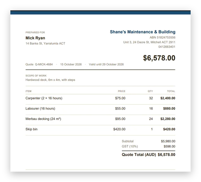 The quote PDF the customer receives, total $6,578