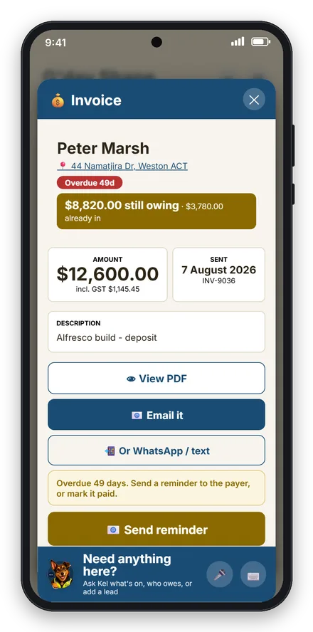 An overdue invoice showing $8,820 still owing with a Send reminder button