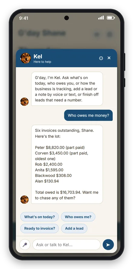Asking Kel who owes money and getting a list with the total