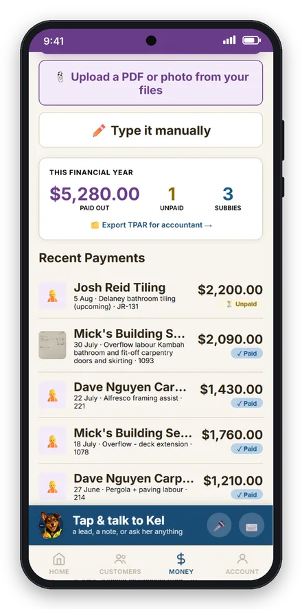 Subbies screen: $5,280 paid out this financial year to 3 subbies, with Export TPAR for accountant