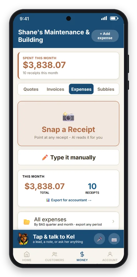 Expenses screen: $3,838.07 spent this month from 10 receipts, with Snap a Receipt