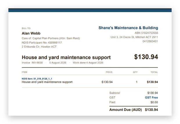 An NDIS invoice billed care of the plan manager, with the participant number, NDIS item code and GST Free