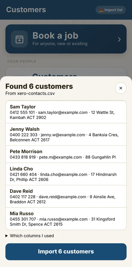 Its All Sorted showing six customers found in a Xero export, ready to import