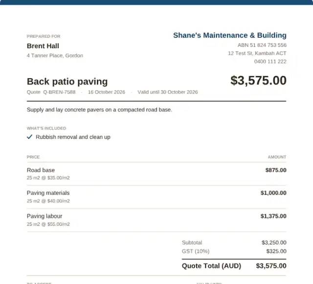 Back patio paving quote for Brent Hall: road base, paving materials and paving labour at set rates, $3,575 including GST