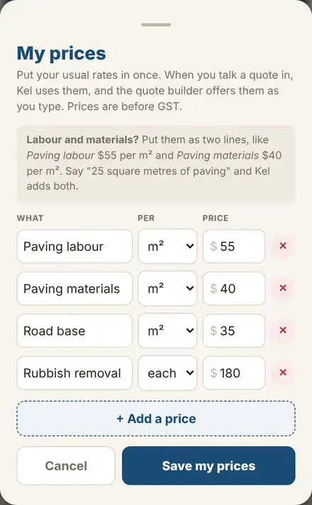 My prices screen with paving labour, paving materials, road base and rubbish removal rates