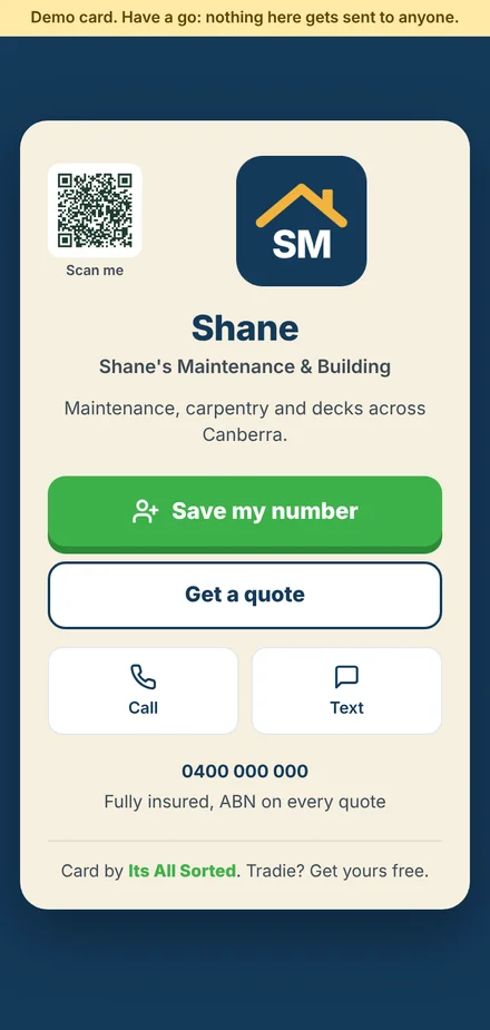 Shane's digital business card: QR code on the left, his logo on the right, Save my number and Get a quote buttons