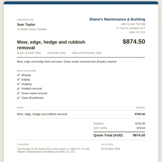 The finished quote for Sam Taylor: mow, edge, hedge and rubbish removal, $874.50 including GST